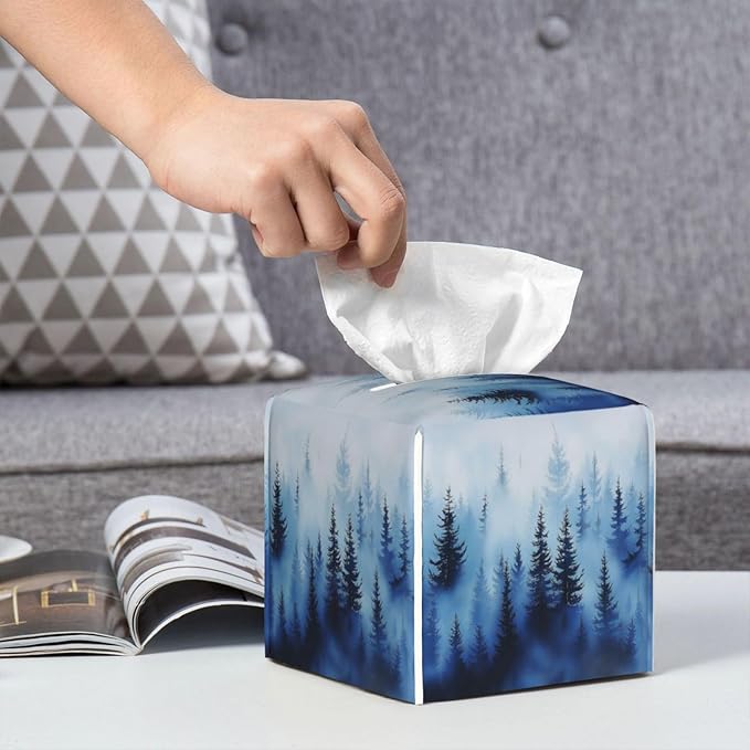 Blue Forest Tree Tissue Box Cover Square Leather Tissue Holder Decorative Facial Tissue Cube Paper Cover Case Organizer for Bathroom Night Stands Desk Tabletop Living Room Home