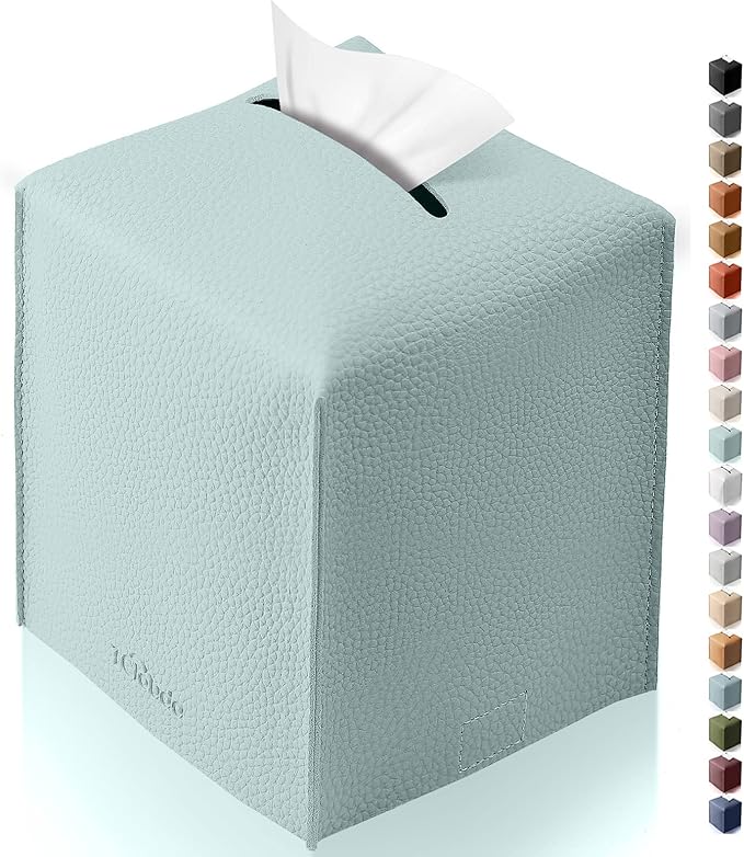 Tclouda Tissue Box Cover for PU Leather, Modern Simple Solid Color Holder Square Tissue Bag, Ideal for Bathrooms,Office,Car,Outdoor Tent,Dining Table,5"X5"X5", Single Sky Blue