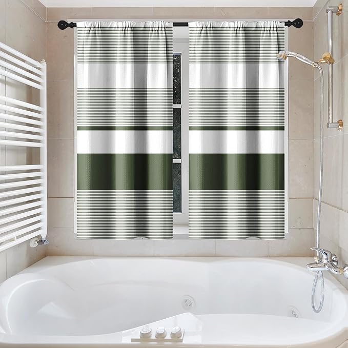 Culudea Striped Modern Boho Waffle Textured Cloth Shower Curtain Set, Sage Green White Horizontal Stripe Bathroom Window Waterproof Shower Curtains for Bathroom Decor