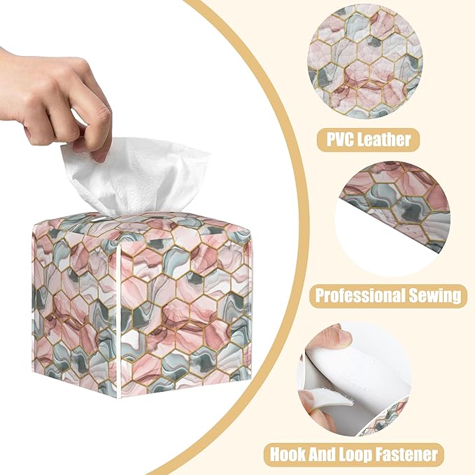 BLYKVGHQ Abstract Geometric Square Tissue Box Cover Pink and Gray Hexagon Tissue Box Holder Facial Cube Paper Dispenser Leather Decorative Organizer Home Office Desk Decor, 5.2"x5.2"x5.2"