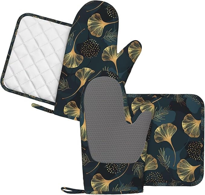 Leaves Vintage Floral Oven Mitts and Pot Holders Set of 4 Silicone Golden Gingko Leaf Kitchen Mitten Gloves and Green Leaves Potholders Set Heat Resistant Oven Gloves Hot Holders for Kitchen