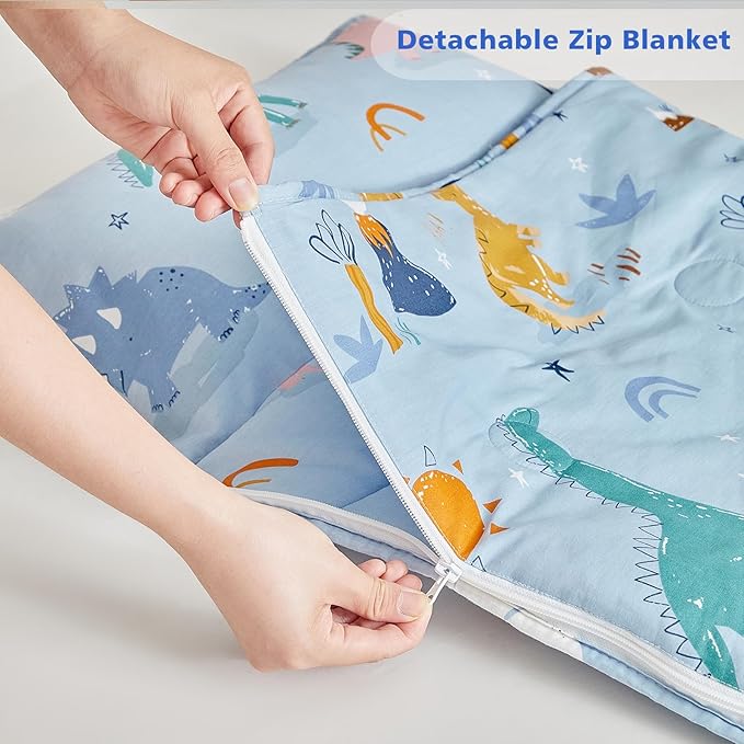 Cotton Toddler Nap Mat with Zipper,Detachable Minky Blanket and Removable Pillow,Soft Slumber Bags for Boys,Kids Sleeping Bag for Daycare Preschool Kindergarten,Dinosaur Toddler Sleeping Mat - Blue