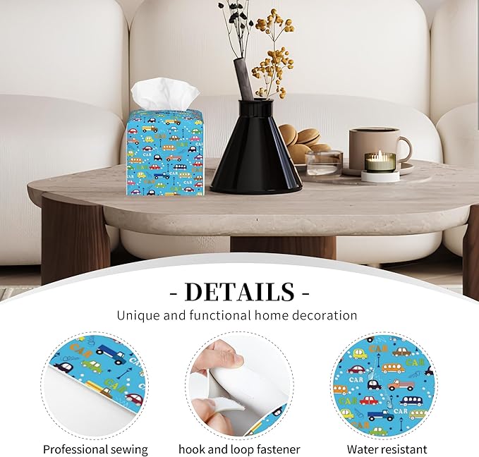 POIUBLE Leather Tissue Box Holder Cartoon Buses, Trucks and Cars Tissue Box Cover Square Waterproof Tissue Holder Organizer Modern Napkin Holder for Bedroom Dresser Night Stand Office Desk