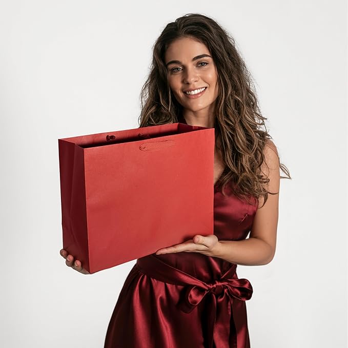 Prime Line Packaging Red Gift Bags, Kraft Paper Christmas Gift Bags with Handles for Kids, Large Holiday Paper Bags for Wrapping, Weddings, Party Favors, Bulk, 16x6x12, 50 Pack