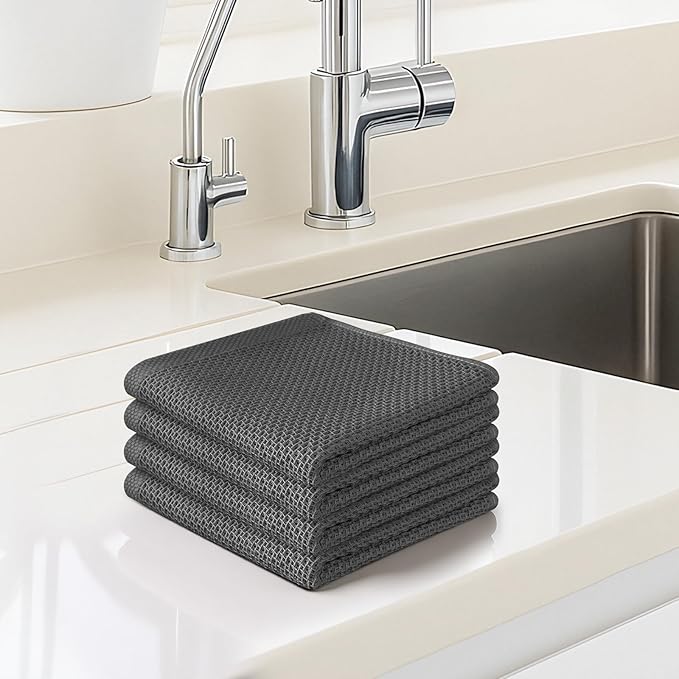 FreeNook 100% Cotton Waffle Weave Kitchen Towels, 4 Pack Dish Cloths for Washing Dishes, Ultra Soft Absorbent Dish Towels, Quick Drying Kitchen Rags, 13x28 Inches, Dark Grey
