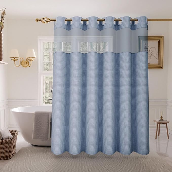 Inhousolu Long No Hook Shower Curtain with Snap in Fabric Liner Set Waffle Weave 230GSM Weighted Hem, Waterproof & Washable Bathroom Curtain Spa Luxury with Mesh Top Window 72"W x 78"L Moonlight Blue