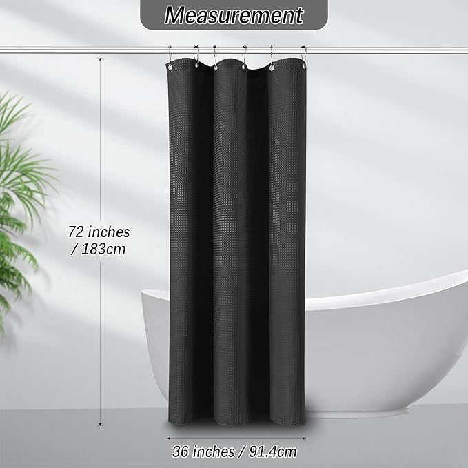 PANGSINNE Black Stall Fabric Shower Curtain - Water Repellent Waffle Textured 256GSM Heavy Duty Cloth Shower Curtains for Bath Tubs, Narrow Size Hotel Quality with 6 Hooks, 36Wx72H