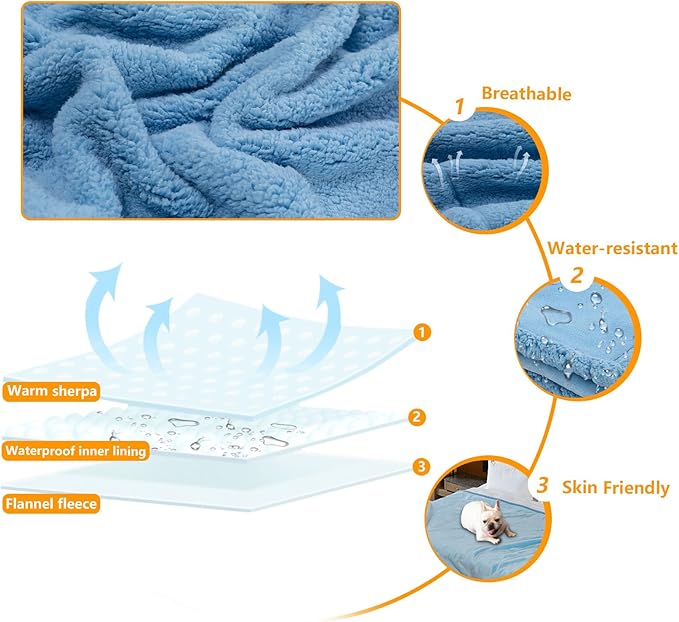 Maidewow Waterproof Dog Throw Blanket Reversible Fluffy Blue Pet Bed Cover Puppy Blankets Leakproof Sofa Couch Washable Cover Cat Pet Blanket for Warm-Lake Blue,S