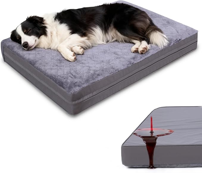 WAYIMPRESS Waterproof Dog Bed for Crate - Outdoor Crate Pad for Medium Dogs, Orthopedic Egg Crate Foam, Anti-Slip, Reversible & Washable Cover, 35" x 22", Gray