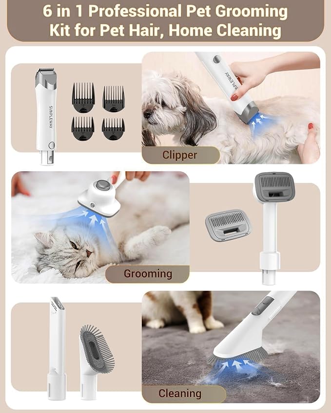 Simple Way Dog Vacuum Grooming Kit for Shedding: Professional Hair Clippers Pet Groomer - Strong Suction Cleaner Deshedding Tool Fur Brush Attachment Trimmer for Home Cat (Milky)