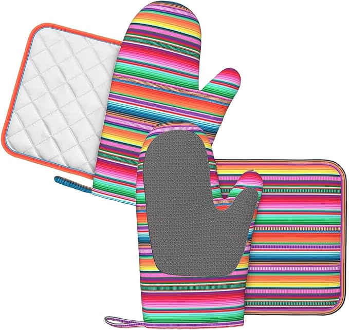 Mexican Colorful Stripe Oven Mitts Pot Holders Set Silicone Vertical Lines Bright Colors Kitchen Oven Mitts Heat Resistant Potholders Non-Slip 4pcs Hot Pads and Oven Gloves Sets for BBQ