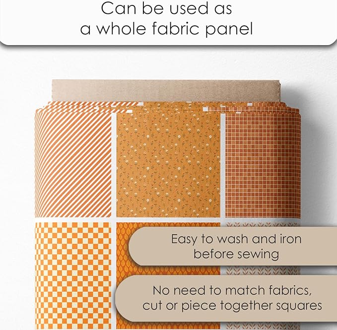 Cotton Satin Patchwork Fabric Panel – 35 Designs, 20×20 cm Squares, Single Piece 150×110 cm, Terracotta Orange Quilt Fabric(Sunset Orange Floral Patchwork Set, 35pcs 8x8 inch)