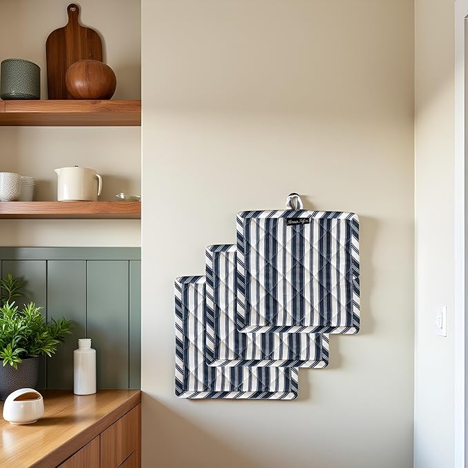 AMOUR INFINI Double Stripe Pot Holders Heat Resistant Cotton Set of 3 Nonslip 8"x8" Inch Hot Pads for Kitchen, BBQ, Baking & Cooking with Hanging Loops (Blue)