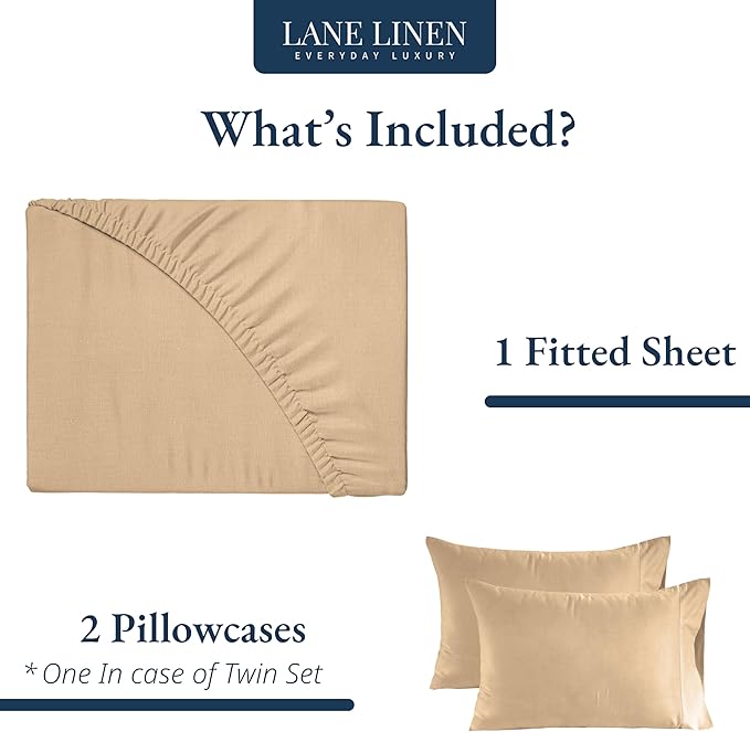 LANE LINEN Twin XL Fitted Sheet, 100% Organic Cotton 2-Piece Set (1 Fitted Sheet, 1 Pillowcase), Percale Weave, Bottom Sheet, Soft, Breathable, Fits Mattress Upto 15" Deep - Linen (No Flat Sheet)