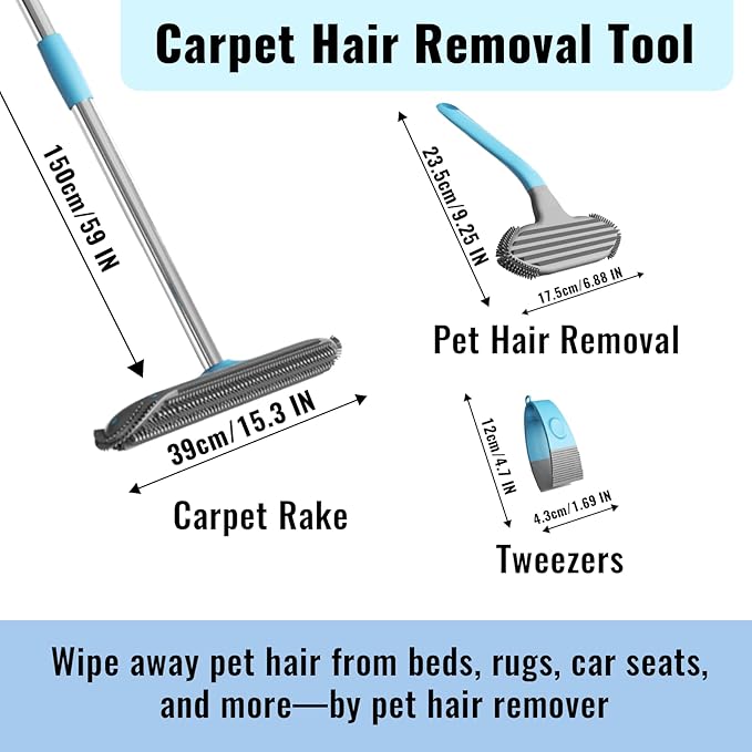 OKcedier Carpet Rake for Pet Hair Removal Tool, 3 in 1 Carpet Scraper with 59" Adjustable Handle, Silicone Rug Rake for Dog & Cat Hair, Pet Hair Remover for Furniture, Couch, Pet Bed & Car Interior