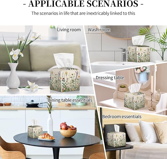 Vintage Dandelion Herbs Tissue Box Cover Spring Summer Wild Flowers Florals Square Leather Tissue Holder Decorative Facial Tissue Cube Paper Cover Case Organizer for Bathroom Night Stands Desk Home