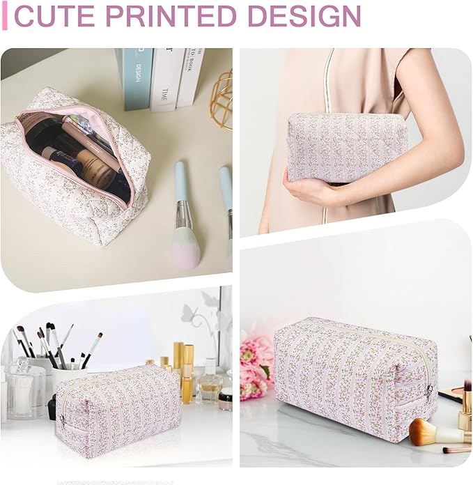 Gosect Floral Makeup Bag, Cute Cosmetic Bag for Women Girls, Quilted Cotton Make up Pouch, Travel Makeup Bags, Portable Storage Toiletry Organizer Bag(Pink Floral)