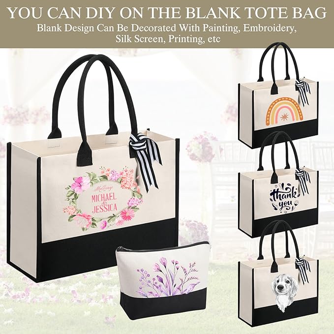 Sanwuta 10 Set Canvas Tote Bag with Inner Zipper Pockets and Makeup Bag Bulk Christmas Birthday Teacher Appreciation Gifts for Women Bridesmaid Mother