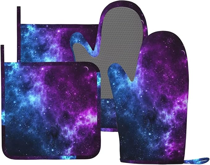 Galaxy Oven Mitts and Pot Holders Set of 4 Silicone Blue and Purple Galaxy Kitchen Mitten Gloves and Non-Slip Universe Theme Potholders Set Heat Resistant Oven Gloves Hot Holders for Kitchen
