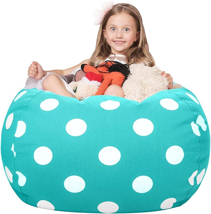 WEKAPO Stuffed Animal Storage Bean Bag Chair Cover for Kids | Stuffable Zipper Beanbag for Organizing Children Plush Toys Large Premium Cotton Canvas (AquaDot, X-Large)