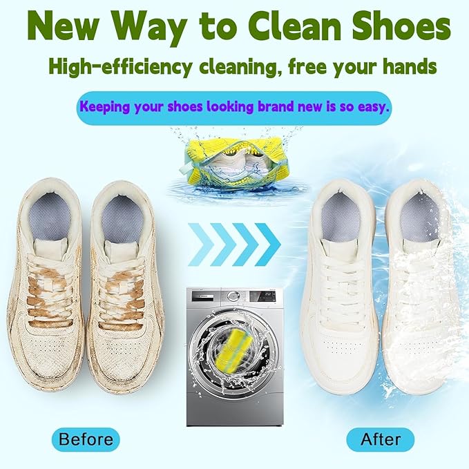 LOJWRY Shoe Washing Machine Bag 2 Pcs XL, Shoe Laundry Bag for Washer with Self-Locking Zipper, 360°Deep Clean Effectively Protects Shoes Suitable for Sneaker, Tennis and Other Types of Shoes (Yellow)