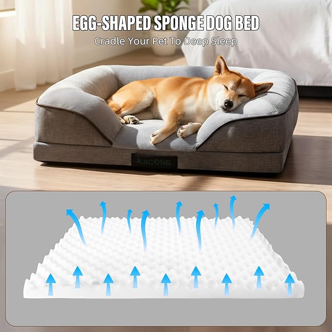 Orthopedic Egg-Shaped Sponge Dog Bed Medium Size Dog with Sides, Removable Cover and Non-Slip Bottom (Grey, 28 * 23 * 6)