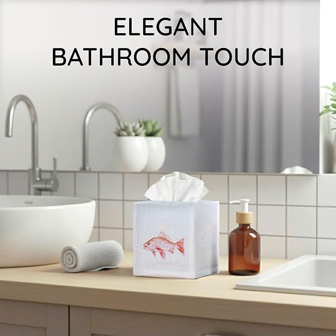 EmbroideryLinen.VN Tissue Box Cover Set of 2, Square Linen Tissue Holder, Printed Animal Pattern, 4.5x4.5x5.5 Inches, Decorative Holder for Bathroom, Living Room, Office (Fish)
