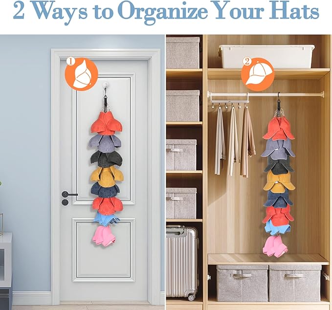 Miracsnail Hat Rack for Baseball Caps Organizer Hat Holder for Closet Hook, Wall and Door 24 Large Clips Cap Storage for Hanging Ball Caps Winter Beanie & Accessories 1 Pack