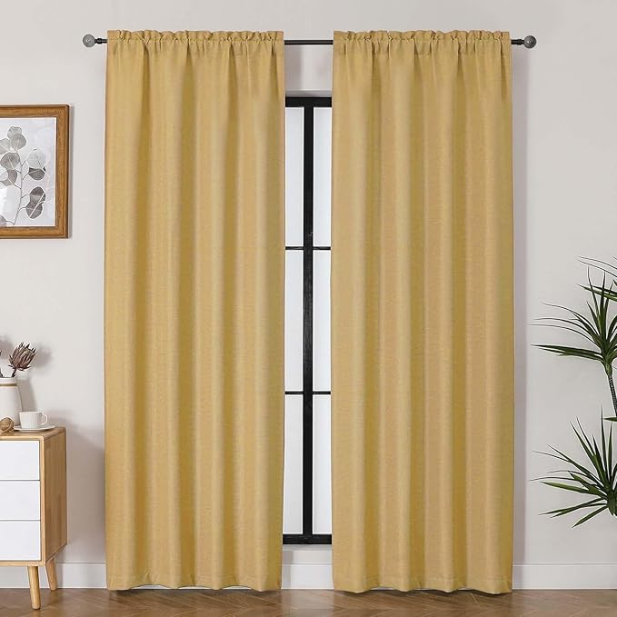 Lecloud Bessie Gold Curtains for Living Room 84 Inches Long 2 Panels, Airy Privacy Light Filtering Curtain Drapes, Faux Linen Textured Rod Pocket Curtains for Bedroom Dining Room, Each 40 W x 84 L