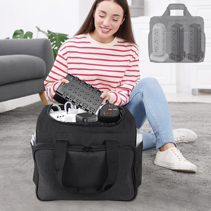 LOTCAIN Cable Organizer Bag,Cable Management Box Cord Organizer Case,Electronics Cord Storage Bag with Adjustable Divider Large Cable Storage Bag Carrying Case for Cable, Cord,Power Strip