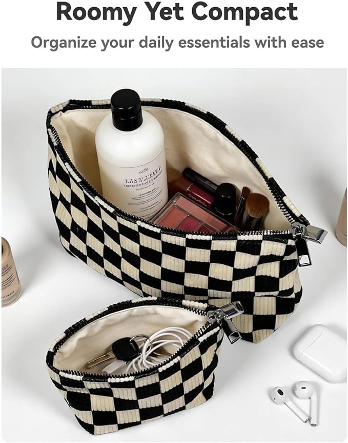 fahombag 2 Pcs Checkered Makeup Bag Set Corduroy Cosmetic Pouch for Women Large & Small Cute Preppy Aesthetic Black And White Travel Toiletry Pouch Organizer for Purse Skincare Brushes