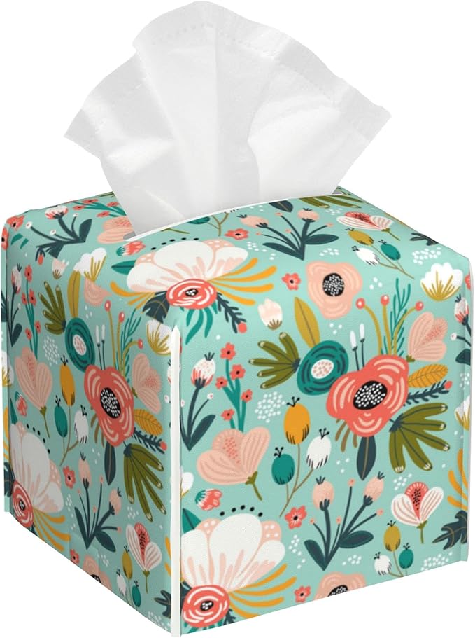 Watercolor Flowers Tissue Box Cover Square,Tissue Box Holder with Belt Bottom,Stylish Leather Napkin Holder for Vanity Countertop,Nightstands,Office Desk,5.2"×5.2"×5.2"