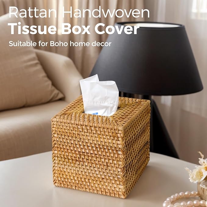 KALEKAIL Rattan Tissue Box Cover, Wicker Tissue Box Holder Square, Boho Decorative Woven Rattan Tissue Holders for Bathroom Living Room Kitchen, Natural