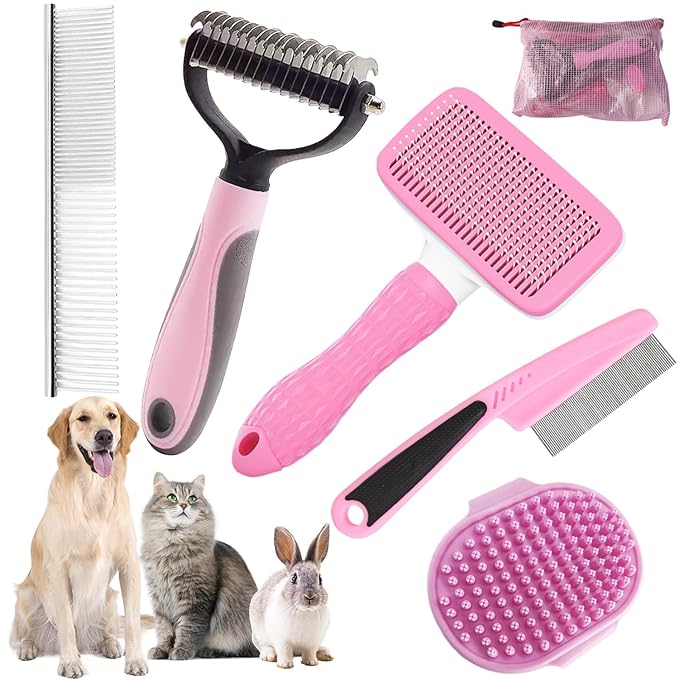 KUEIOX Dog Brush for Shedding,6 PCS in One Pet Slicker Hair Brush Kit Organizer Bag - Dog Cat Grooming Deshedding Undercoat Rake Brush Comb for All Small Large Dogs Cats Pink