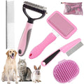 KUEIOX Dog Brush for Shedding,6 PCS in One Pet Slicker Hair Brush Kit Organizer Bag - Dog Cat Grooming Deshedding Undercoat Rake Brush Comb for All Small Large Dogs Cats Pink