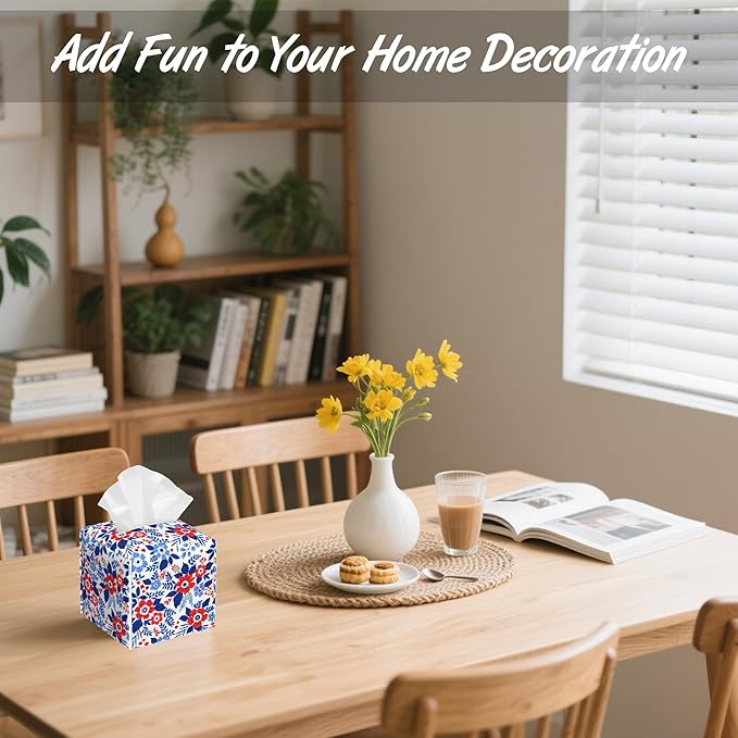 Red and Blue Flowers Tissue Box Cover Square,Tissue Box Holder with Belt Bottom,Stylish Leather Napkin Holder for Vanity Countertop,Nightstands,Office Desk,5.2"×5.2"×5.2"
