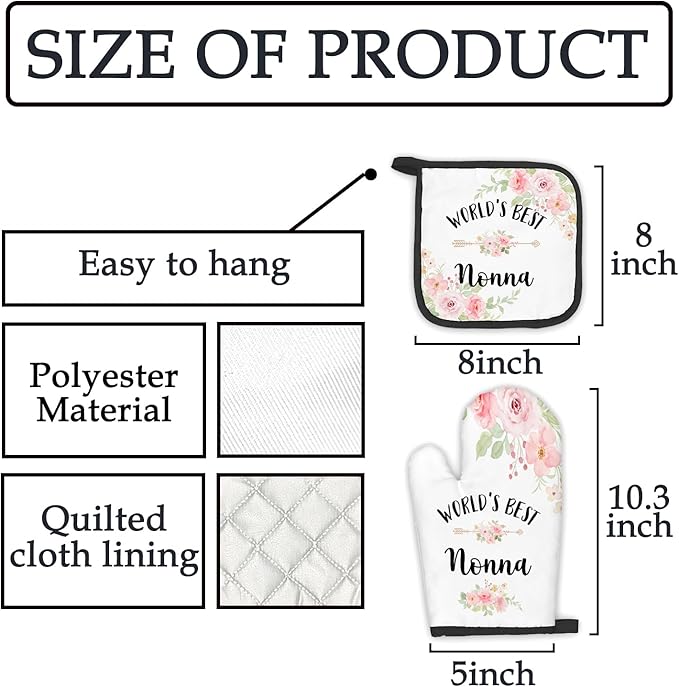 Nonna Gifts Oven Mitts and Pot Holders Sets, Nonna Gifts from Grandkids Kitchen Decor Accessories Sets, World’s Best Nonna Heat Resistant Oven Glove Potholders for Kitchen Cooking Baking