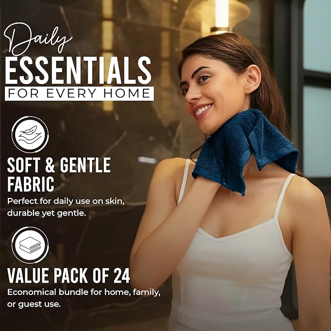 RIVERSIDE 24 Pack Washcloths Set - 100% Cotton [12x12 Inches] - 500 GSM, Soft, Quick-Dry & Highly Absorbent Face Towels - Perfect for Bathroom, Gym, Hotel, Spa & Travel - Opal Blue