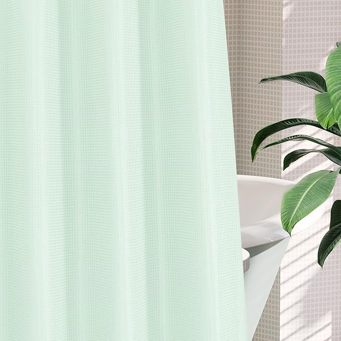 MitoVilla No Hooks Needed Green Waffle Shower Curtain Liner Set, Modern Waffle Weave Heavy Duty Fabric Cloth Shower Curtain with Snap-in Liner for Luxury Neutral Hotel Spa Bathroom Decor