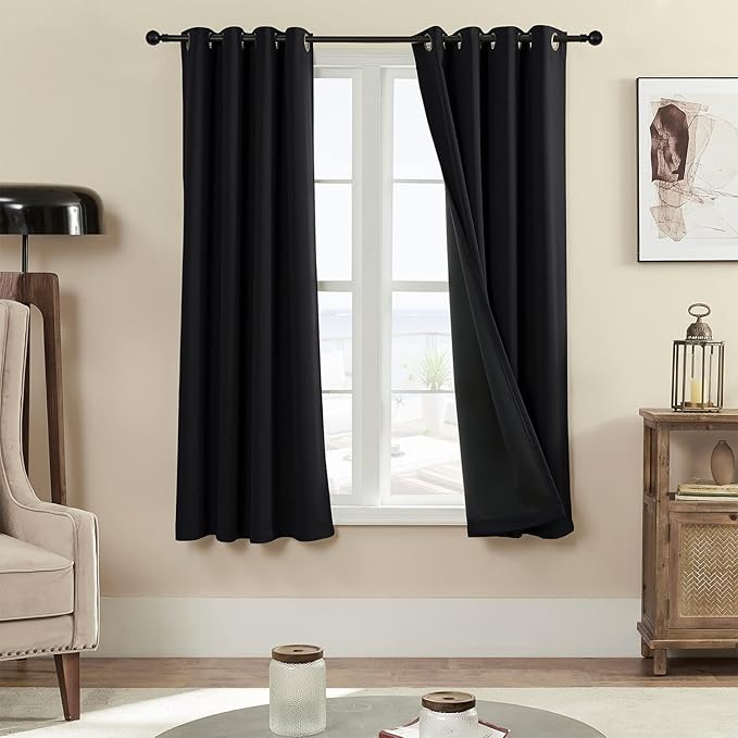 100% Blackout 340 GSM Curtain Panels , Heat and Full light Blocking Drapes with Grommets for Bedroom, Black Thermal Insulated Window Treatment Drapes for Living Room (Black, 2 Panels, 52 x 63 inch)