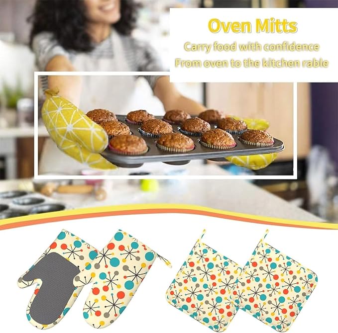 Mid Century Fifties Modern Atomic Retro Colors Oven Mitts and Pot Holders With Apron Set of 5 Silicone Kitchen Mitten and Non-Slip Potholders Apron Set Heat Resistant Oven Gloves Hot Pads Set