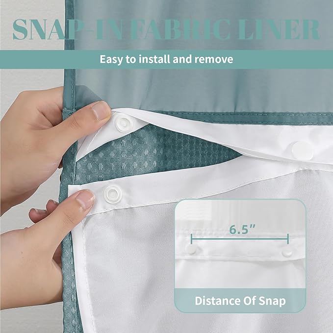 eachope SeawedGreen No Hook Waffle Weave Shower Curtain with snap-in Liner Replacement, 230GSM Waterproof Fabric Hotel Shower Curtain Set for Bathroom, Through Mesh Top Window,71Wx77H