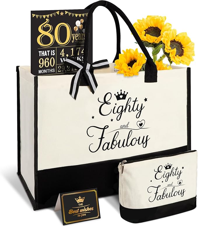 YeohJoy 80th Birthday Gifts for Women 80 and Fabulous Canvas Tote Bag Travel Gear, Unique 80 Years Old Gifts for Wife Sister Grandma Mom Aunt Friends Her, Handbag & Cosmetic Bag & 80 Birthday Poster