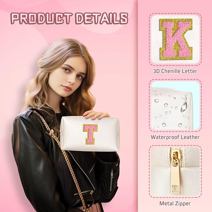 TOPEAST Gifts for Women Teen Girls - Birthday Gifts for 4 5 6 7 8 9 10 11 12 Year Old Girls, Initial Makeup Bag, Cosmetic Bag Travel Toiletry Pouch (White A)