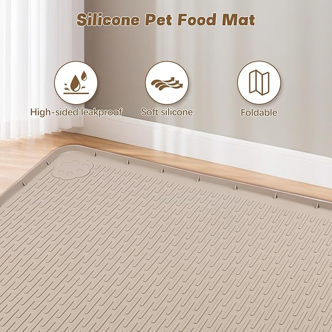 Bartuke Cat Food Mat, 50" x 35" Extra Large Silicone Pet Feeding Mat with Raised Edge Pet Placemat for Food and Water Bowl Non-Slip, Easy to Clean, Floor Protection (Khaki)