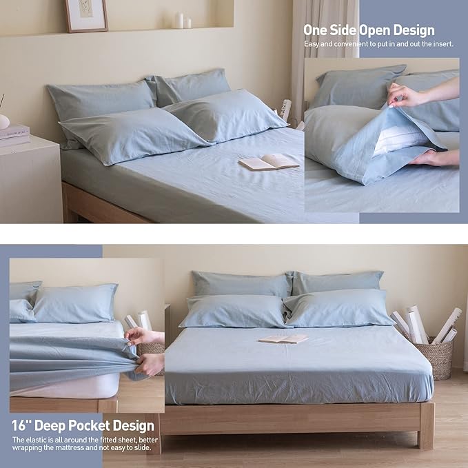 Simple&Opulence Belgian Linen Sheet Set Solid Color - 6 Pieces (1 Flat Sheet & 1 Fitted Sheet & 4 Pillowcases) 16" Deep Pocket Natural Flax Cotton Blended Soft Bedding - Dusty Blue, King Size