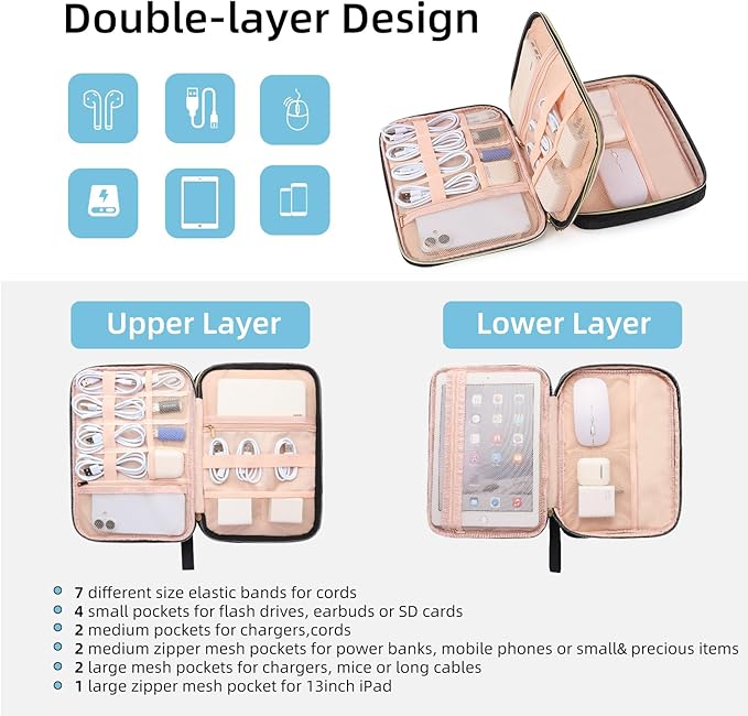 ZFZGFRCS Electronics Organizer Travel Case, Charger Bag Cord Organizer Travel, All-in-One Cable Organizer Bag for Charger, Cords, Phone, Headphones, Flash Drive, SD Card (Black, Large-Double Layer)