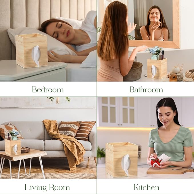 Tissue Box Cover, Bamboo Tissue Box Cover with Storage Tray Square Tissue Box Covers Holder for Bathroom, Bedroom, Dinner Table, Office, Tabletop 6" x 6" x 7.4"