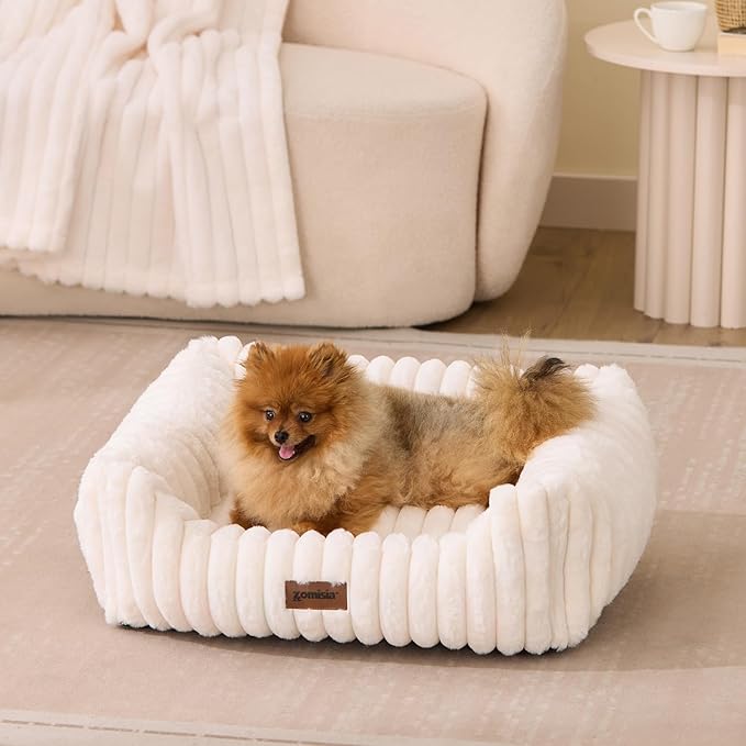 ZOMISIA Large Cat Beds - Orthopedic Dog Bed for Medium Dogs, Rectangle Pet Bed with Fluffy Removable Washable Cover, 25x21x9inches, Cream