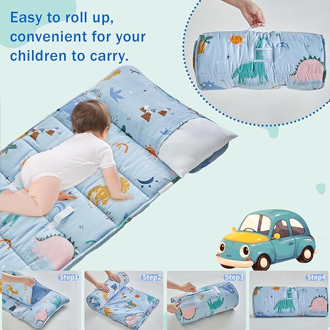 Cotton Toddler Nap Mat with Zipper,Detachable Minky Blanket and Removable Pillow,Soft Slumber Bags for Boys,Kids Sleeping Bag for Daycare Preschool Kindergarten,Dinosaur Toddler Sleeping Mat - Blue
